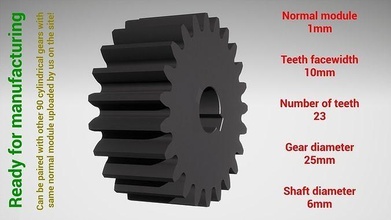 cylindrical gear - paired z23 m1 d25 d6 gearwheel cog cogwheel teeth print steel metal plastic tool industrial mechanism machinery differential technology engine transmission science engineering 3d print model - Mito3D