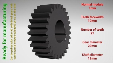 cylindrical gear - paired z27 m1 d29 d12 gearwheel cog cogwheel teeth print steel metal plastic tool industrial mechanism machinery differential technology engine transmission science engineering 3d print model - Mito3D