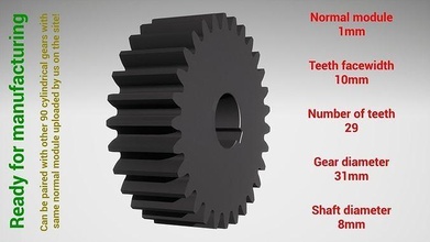 cylindrical gear - paired z29 m1 d31 d8 gearwheel cog cogwheel teeth print steel metal plastic tool industrial mechanism machinery differential technology engine transmission science engineering 3d print model - Mito3D