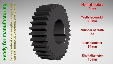 cilíndrico engranaje emparejado z32 m1 d34 d15 rueda diente dentada dientes impresión acero metal plastico herramienta industrial mecanismo maquinaria diferencial tecnología motor transmisión ciencias ingenieria 3d print model - Mito3D