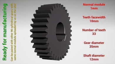 cylindrical gear - paired z33 m1 d35 d12 gearwheel cog cogwheel teeth print steel metal plastic tool industrial mechanism machinery differential technology engine transmission science engineering 3d print model - Mito3D