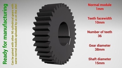 cylindrical gear - paired z36 m1 d38 d15 gearwheel cog cogwheel teeth print steel metal plastic tool industrial mechanism machinery differential technology engine transmission science engineering 3d print model - Mito3D