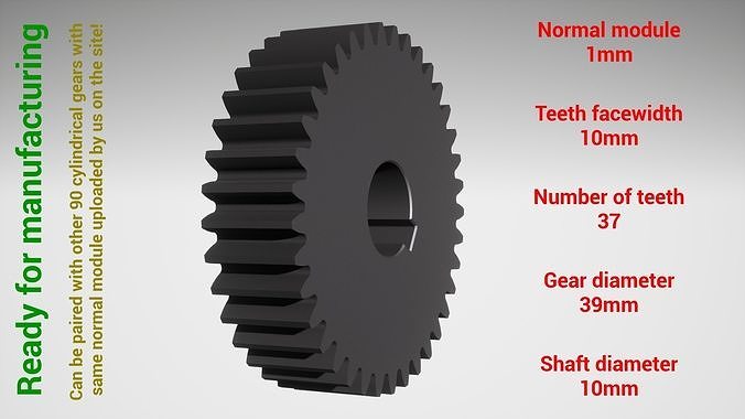 cylindrical gear - paired z37 m1 d39 d10 gearwheel cog cogwheel teeth print steel metal plastic tool industrial mechanism machinery differential technology engine transmission science engineering 3D print model - Mito3D