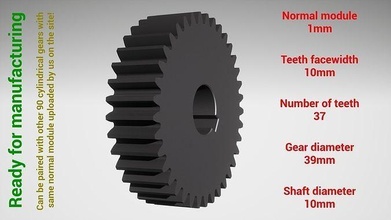 cylindrical gear - paired z37 m1 d39 d10 gearwheel cog cogwheel teeth print steel metal plastic tool industrial mechanism machinery differential technology engine transmission science engineering 3d print model - Mito3D