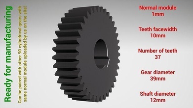 cylindrical gear - paired z37 m1 d39 d12 gearwheel cog cogwheel teeth print steel metal plastic tool industrial mechanism machinery differential technology engine transmission science engineering 3d print model - Mito3D