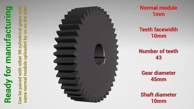 cylindrical gear - paired z43 m1 d45 d10 gearwheel cog cogwheel teeth print steel metal plastic tool industrial mechanism machinery differential technology engine transmission science engineering 3d print model - Mito3D