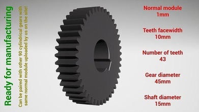 cylindrical gear - paired z43 m1 d45 d15 gearwheel cog cogwheel teeth print steel metal plastic tool industrial mechanism machinery differential technology engine transmission science engineering 3d print model - Mito3D