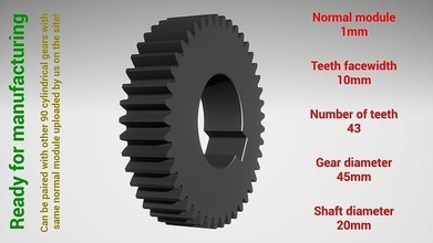 cylindrical gear - paired z43 m1 d45 d20 gearwheel cog cogwheel teeth print steel metal plastic tool industrial mechanism machinery differential technology engine transmission science engineering 3d print model - Mito3D