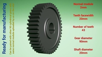 cylindrical gear - paired z43 m2 d90 d20 wheel cog robot teeth print steel metal plastic tool industrial mechanism machinery differential technology engine transmission science engineering 3d print model - Mito3D