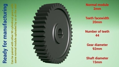 cylindrical gear - paired z44 m2 d92 d15 wheel cog robot teeth print steel metal plastic tool industrial mechanism machinery differential technology engine transmission science engineering 3d print model - Mito3D