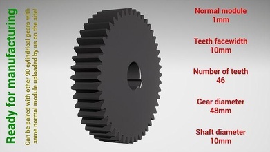 cylindrical gear - paired z46 m1 d48 d10 gearwheel cog cogwheel teeth print steel metal plastic tool industrial mechanism machinery differential technology engine transmission science engineering 3d print model - Mito3D