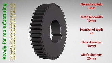 cylindrical gear - paired z46 m1 d48 d20 gearwheel cog cogwheel teeth print steel metal plastic tool industrial mechanism machinery differential technology engine transmission science engineering 3d print model - Mito3D