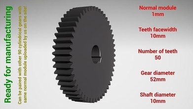 cylindrical gear - paired z50 m1 d52 d10 gearwheel cog cogwheel teeth print steel metal plastic tool industrial mechanism machinery differential technology engine transmission science engineering 3d print model - Mito3D