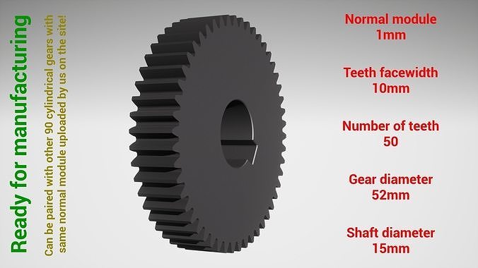 cylindrical gear - paired z50 m1 d52 d15 gearwheel cog cogwheel teeth print steel metal plastic tool industrial mechanism machinery differential technology engine transmission science engineering 3D print model - Mito3D