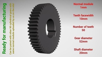 cylindrical gear - paired z50 m1 d52 d20 gearwheel cog cogwheel teeth print steel metal plastic tool industrial mechanism machinery differential technology engine transmission science engineering 3d print model - Mito3D