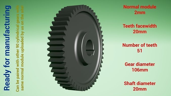 cylindrical gear - paired z51 m2 d106 d20 wheel cog robot teeth print steel metal plastic tool industrial mechanism machinery differential technology engine transmission science engineering 3D print model - Mito3D