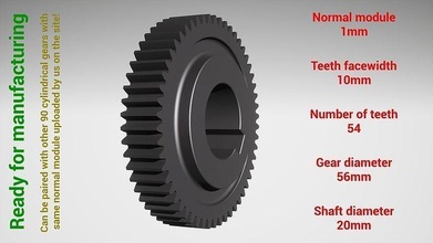 cylindrical gear - paired z54 m1 d56 d20 gearwheel cog cogwheel teeth print steel metal plastic tool industrial mechanism machinery differential technology engine transmission science engineering 3d print model - Mito3D