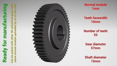 cylindrical gear - paired z55 m1 d57 d15 gearwheel cog cogwheel teeth print steel metal plastic tool industrial mechanism machinery differential technology engine transmission science engineering 3d print model - Mito3D