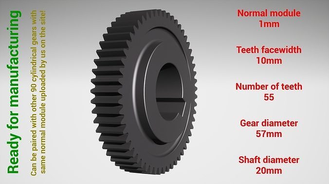 cilíndrico engrenagem emparelhado z55 m1 d57 d20 roda dentada dentes impressão aço metal plástico ferramenta industrial mecanismo maquinaria diferencial tecnologia motor transmissão ciência engenharia 3D print model - Mito3D