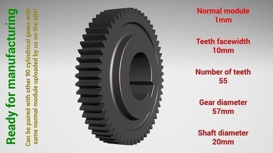 cylindrical gear - paired z55 m1 d57 d20 gearwheel cog cogwheel teeth print steel metal plastic tool industrial mechanism machinery differential technology engine transmission science engineering 3d print model - Mito3D