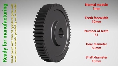 cylindrical gear - paired z57 m1 d59 d10 gearwheel cog cogwheel teeth print steel metal plastic tool industrial mechanism machinery differential technology engine transmission science engineering 3d print model - Mito3D