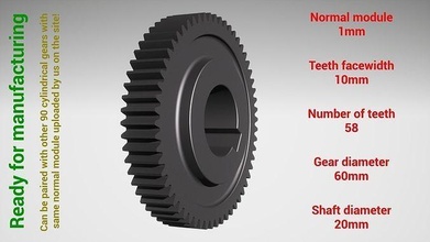 cylindrical gear - paired z58 m1 d60 d20 gearwheel cog cogwheel teeth print steel metal plastic tool industrial mechanism machinery differential technology engine transmission science engineering 3d print model - Mito3D