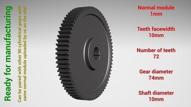 cylindrical gear - paired z72 m1 74 d10 gearwheel cog cogwheel teeth print steel metal plastic tool industrial mechanism machinery differential technology engine transmission science engineering 3d print model - Mito3D