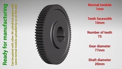 cylindrical gear - paired z75 m1 d77 d20 gearwheel cog cogwheel teeth print steel metal plastic tool industrial mechanism machinery differential technology engine transmission science engineering 3d print model - Mito3D