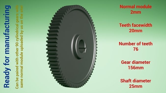 cylindrical gear - paired z76 m2 d156 d25 wheel cog robot teeth print steel metal plastic tool industrial mechanism machinery differential technology engine transmission science engineering 3D print model - Mito3D