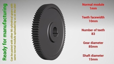 cylindrical gear - paired z83 m1 d85 d15 gearwheel cog cogwheel teeth print steel metal plastic tool industrial mechanism machinery differential technology engine transmission science engineering 3d print model - Mito3D