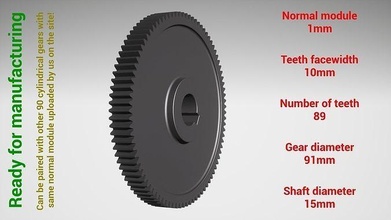 cylindrical gear - paired z89 m1 d91 d15 gearwheel cog cogwheel teeth print steel metal plastic tool industrial mechanism machinery differential technology engine transmission science engineering 3d print model - Mito3D