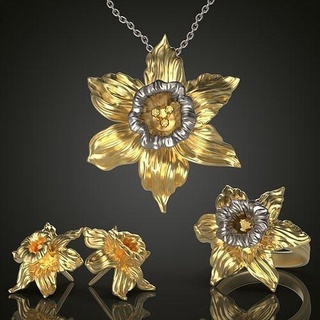 narciso flor conjunto joalheria ouro prata imprimível anel jóias lótus zbrush pingente orelha orgânico esculpir pingentes 3d print model - Mito3D