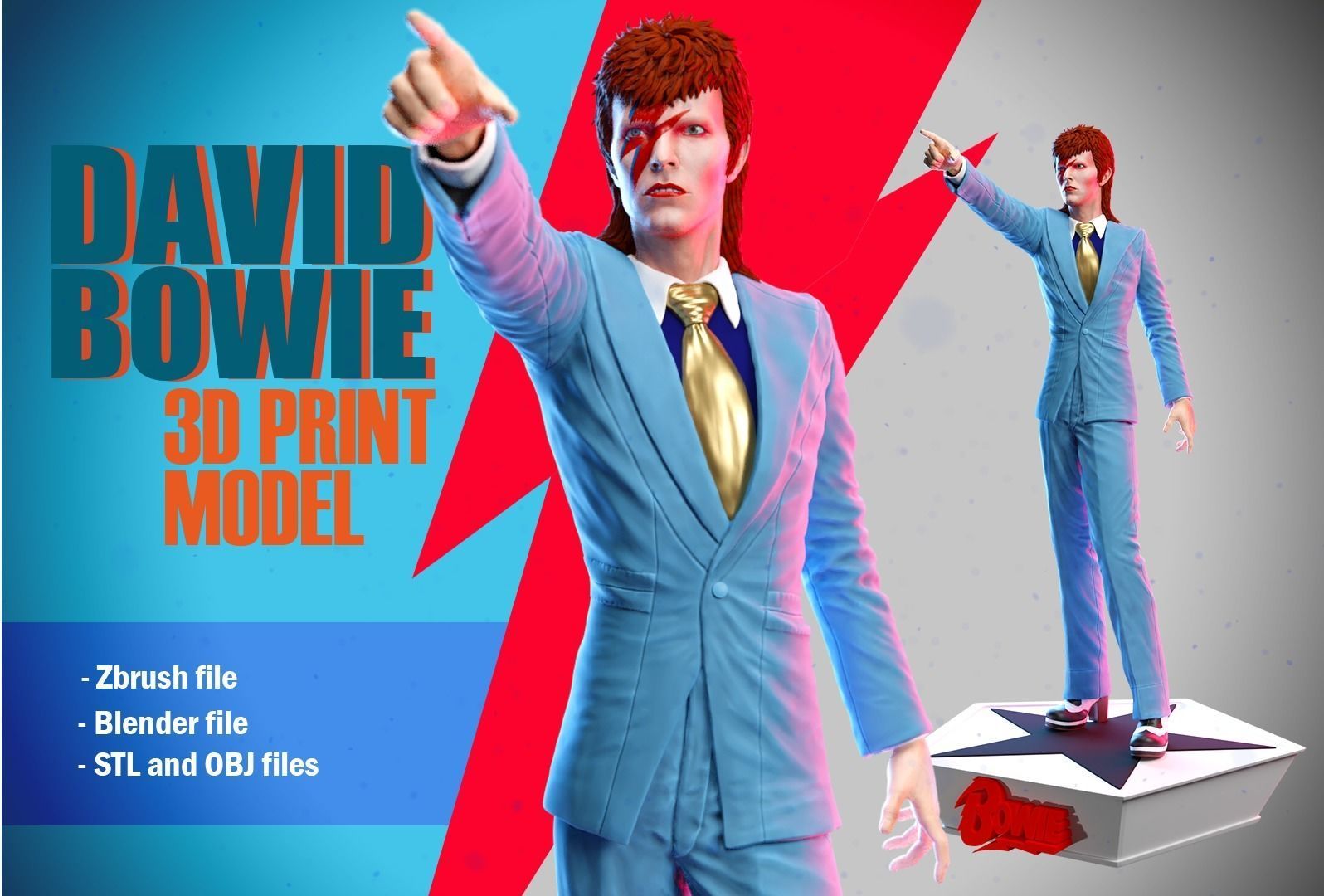 david bowie moda roccia 80s pop musica polvere stelle ziggy gruppo musicale vita marte jareth re goblin uomo stella aladdin sano mente cultura arte sculture 3D print model - Mito3D