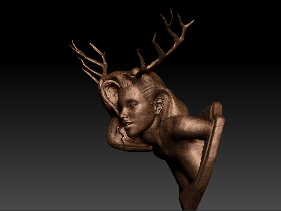 deer girl wall trophy 2 versions female hunter woman antlers fireplace lady sexy hot beautiful horn art sculptures head human character people 3D print model - Mito3D