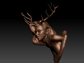 deer girl wall trophy 2 versions female hunter woman antlers fireplace lady sexy hot beautiful horn art sculptures head human character people 3d print model - Mito3D