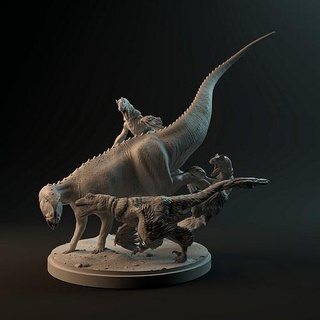 deinonychus hunting tenontosaurus 1-35 scale pre-supported animal battle beast creature dino dinosaur fast fight hunt velociraptor pack raptor feathers dnd carnivore feathered sneaking dromeosaurus art sculptures 3d print model - Mito3D