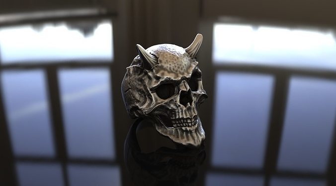 demon horned skull ring stl 3d model silver casting jewelry skulls rings oxidized biker horn 3D print model - Mito3D