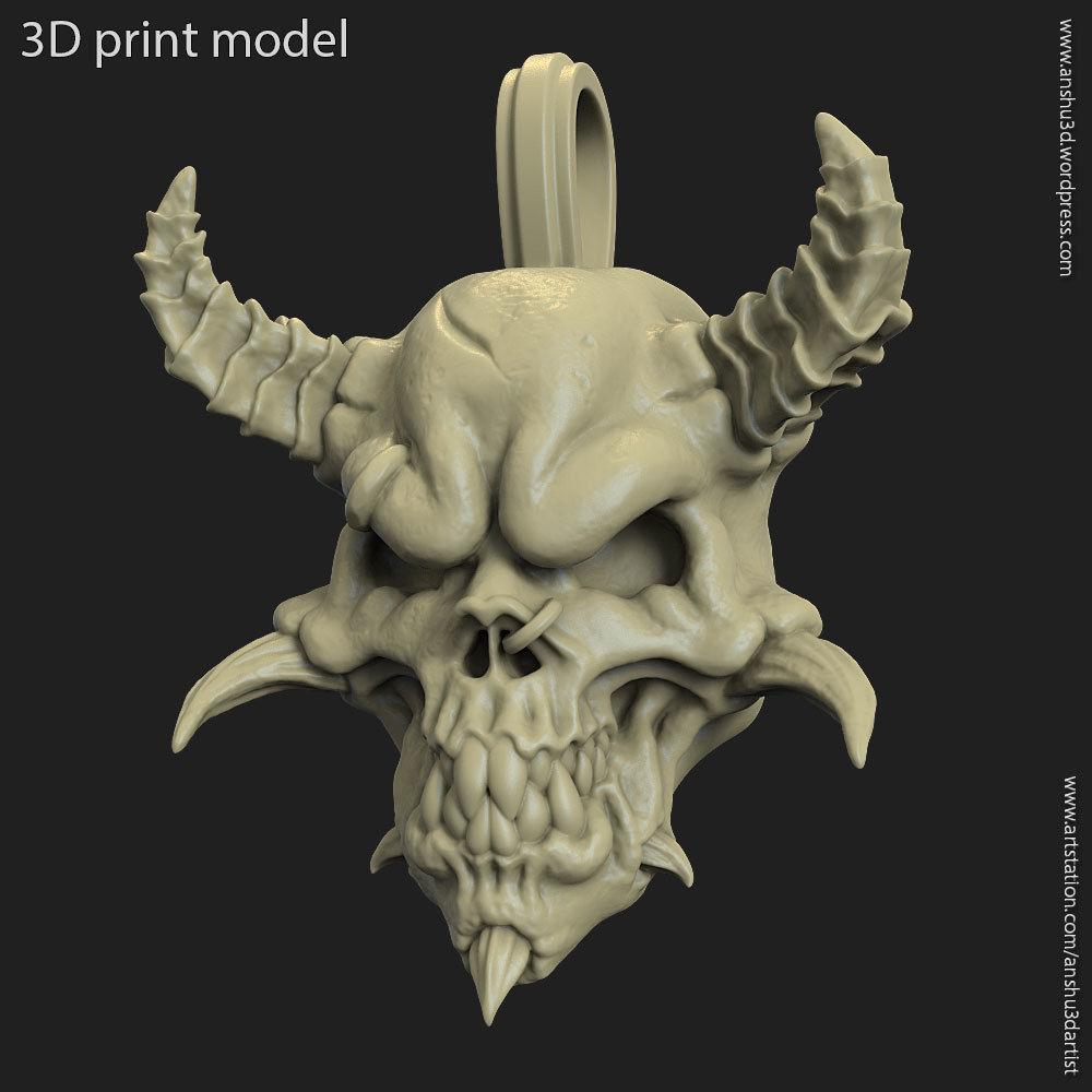 demonio colgante pendiente joyería joya cráneo vol1 orgánico motociclista mal asura diablo cuernos dientes canino humano cabeza esqueleto horror enojado ornamento criatura animal bestia colgantes 3D print model - Mito3D
