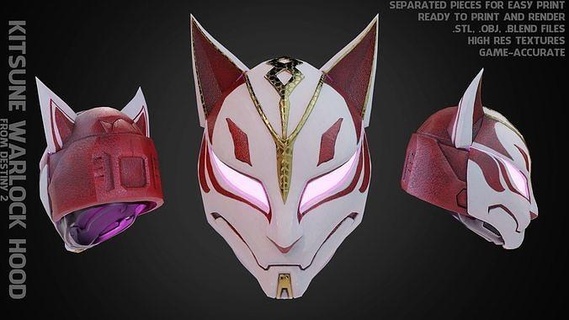 destiny 2 kitsune warlock helmet cosplay hood mask anime fortnite skin cosplayer print videogame destiny2 exostranger scifi fox art scans replicas 3d print model - Mito3D