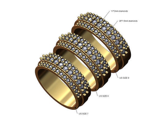 diamant 3 reihe hochzeit engagement ring us größen 7 8 9 mode schmuck druckbar gold silber breit klobig herren vereist bling aussage 3d modell klassisch modern ringe 3d print model - Mito3D