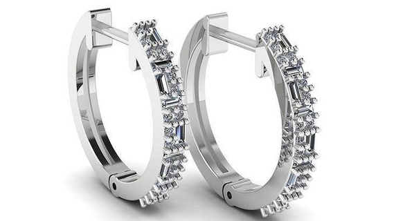 diamond baguette hoop earrings 3dmodel cad jewelry printable israel round earring 14k jewel united states italy ring silver luxury shining 18k 3d print model - Mito3D