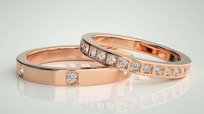 delgado diamante pareja banda anillo 3dm stl boda compromiso joyería imprimible joya oro anillos novia novio platino bandas 3D print model - Mito3D