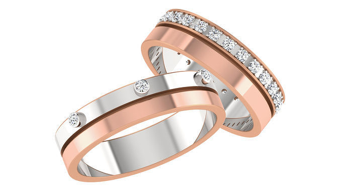 diamante casal banda anel 3dm stl render detalhe joalheria ouro luxo Casamento noiva noivo argolas noivado platina prata bandas imprimível 3D print model - Mito3D
