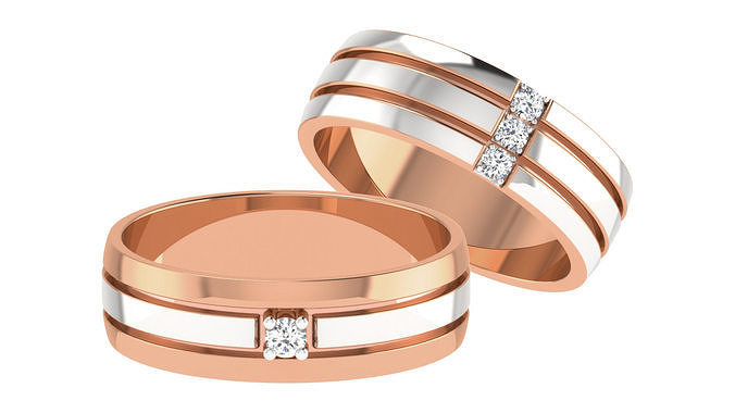 diamant couple bande bague 3dm stl rendre détail bijoux or luxe mariage mariée jeune marié anneaux engagement platine argent bandes imprimable 3D print model - Mito3D