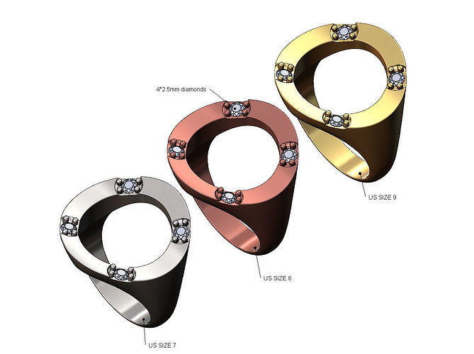 diamant incurvé ouvert bague us tailles 7 8 9 sceau or argent imprimable bijoux mode classique grand déclaration 3d modèle anneaux 3D print model - Mito3D