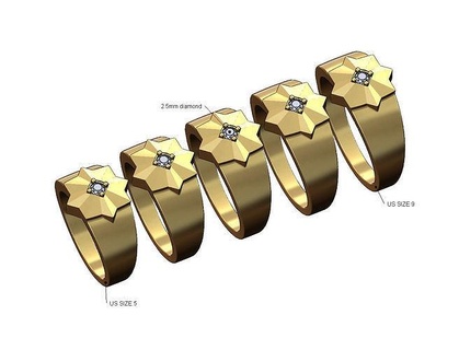 diamond faceted oriental star ring us sizes 5to9 geometric arabic islaminc jewish signet fashion jewelry printable gold silver jewellery statement 3d model rings 3d print model - Mito3D