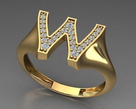carta anel w joalheria ouro imprimível diamante jóia casamento gema noivado jóias moda luxo eua euro mulher alfabeto fonte palavra argolas 3d print model - Mito3D