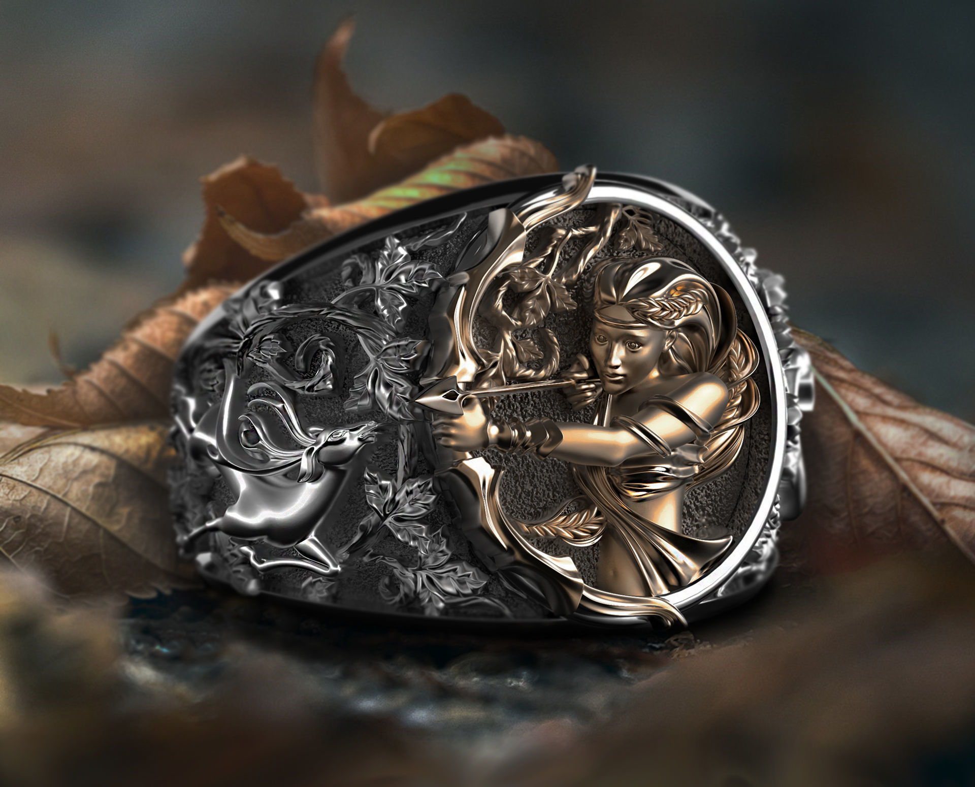 diana caçadora anel artemis deusas veado arco seta sagitário zodíaco joalheria textura natureza madeira prata ouro projeto modelo 3d impressão argolas 3D print model - Mito3D