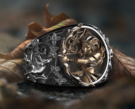 diana caçadora anel artemis deusas veado arco seta sagitário zodíaco joalheria textura natureza madeira prata ouro projeto modelo 3d impressão argolas 3d print model - Mito3D