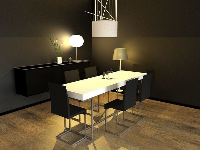 dîner déjeuner manger table chaise lampe verre console maison cuisine 3D print model - Mito3D